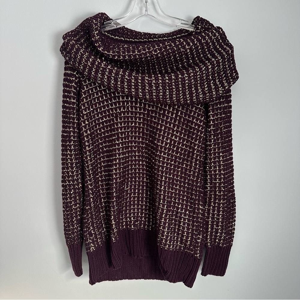 Cache Plum Purple and Cold Knit Metallic Sweater Medium